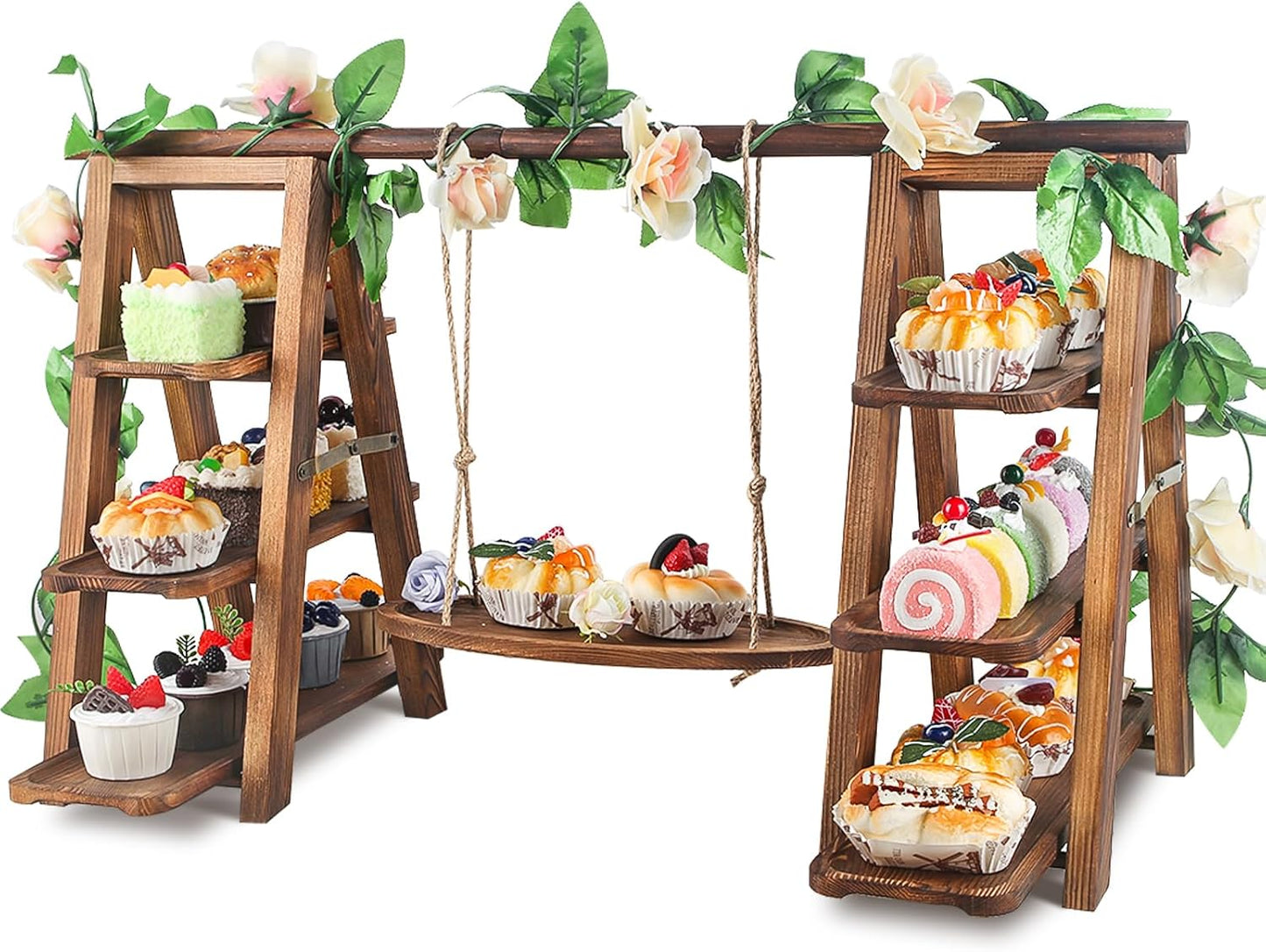 Wooden 3 Tier Cupcake Stand with Swing and Flower Decoration Serving Removable Tray Display Serving Ladder Foldable Stand with Serving Platter Tray Party Food Display Set for Cake Snack Fruit Chips Bread Centerpieces Catering