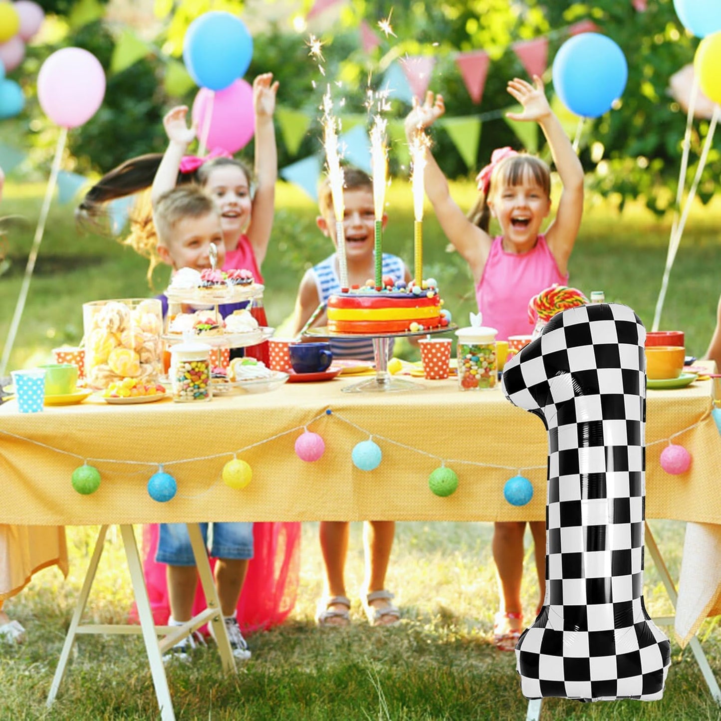 40 Inch Checkered Number Balloon - Race Flag Pattern Big Helium Balloon for Birthday Party Decorations - Black & White Balloon for Kids Adults Party Supplies (Racing Car, Number 1)
