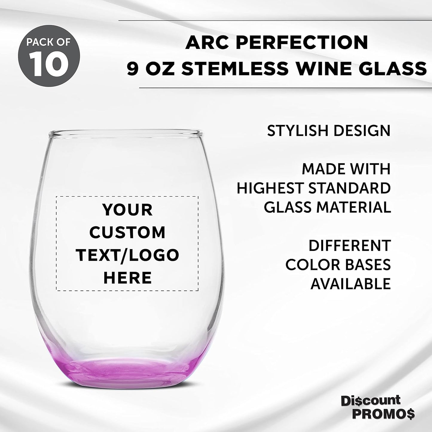 Custom Stemless Wine Glass 9 oz. Set of 10, Personalized Bulk Pack - Great for Wedding Favors, Bachelorette Party Decorations, Party Favors, Color Bottom - Pink