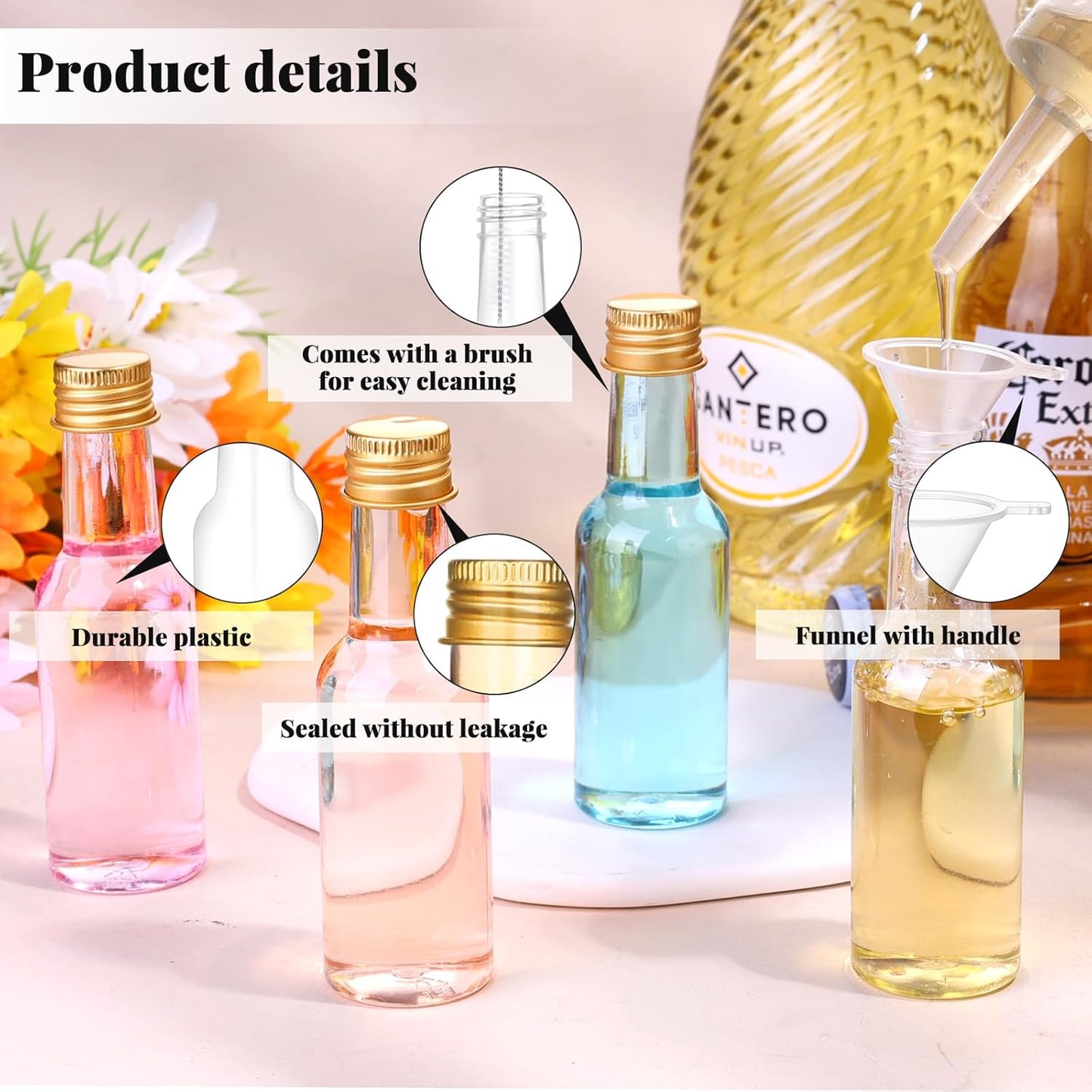 Dualshine 100 Pcs Mini Liquor Bottles, 1.7oz/50ml Shot Bottles with Gold Aluminium Caps, Reusable, Ideal for Juices, Travel, Home, Weddings, Parties