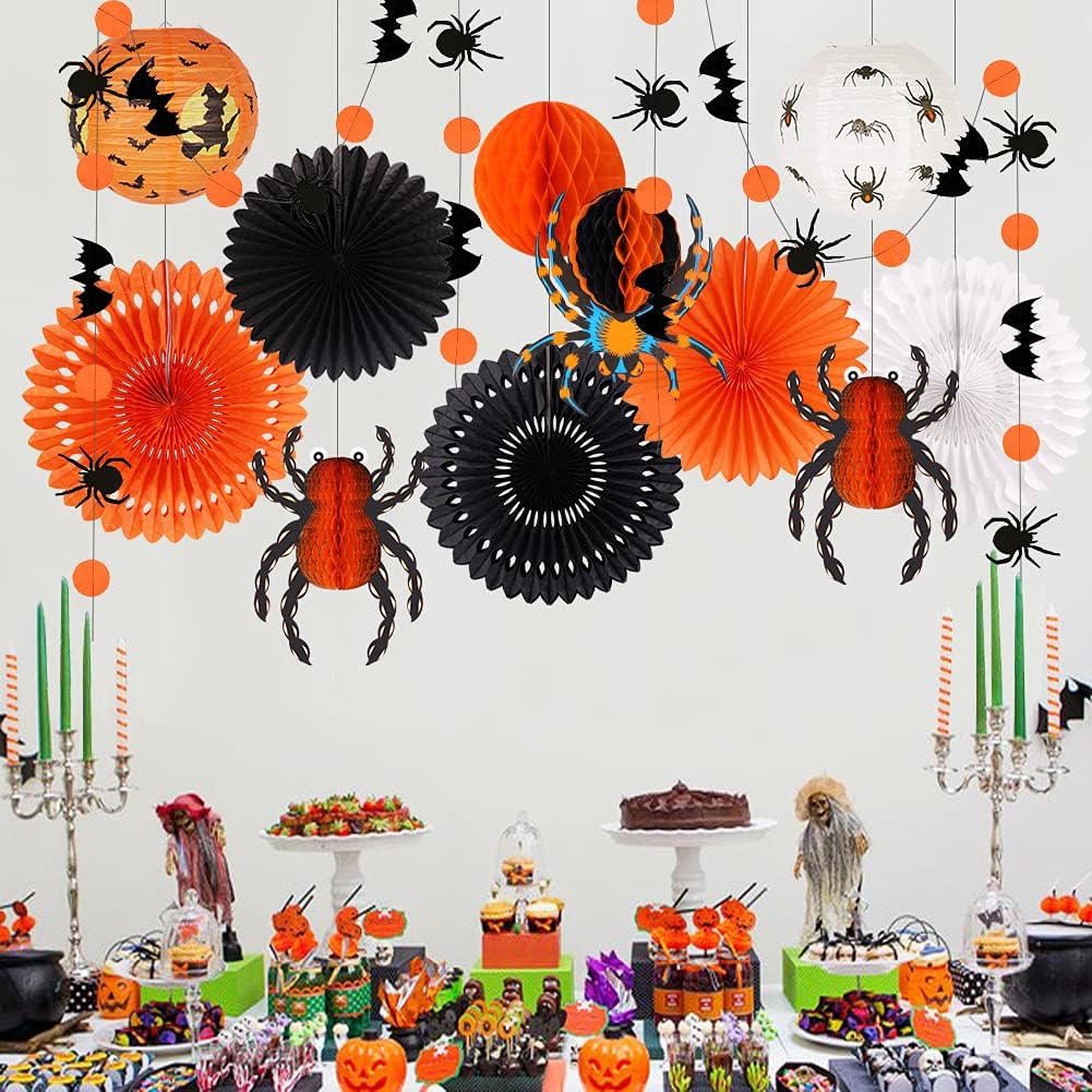 Halloween Party Decorations, Hanging Spider Bat Paper Lanterns Spiders Honeycomb for Halloween Home Decor Birthday Party Supplies Props (Orange, Black)