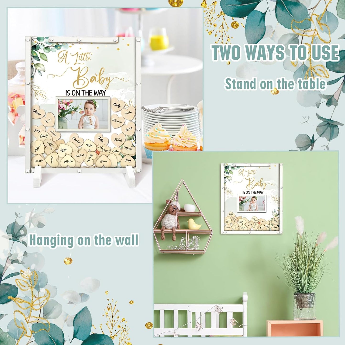 65 Pcs Greenery Baby Shower Guest Book Alternatives He or She Gender Reveal Decorations Sign in Guest Book with Picture Frame and 60 Wooden Chip a Little Baby is on The Way Decorations