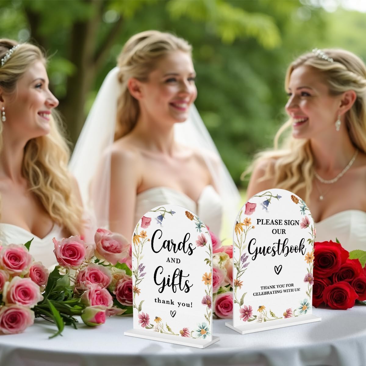 2 Pcs Acrylic Wedding Signs for Reception, Bridal Shower Decorations, Cards and Gifts Signs, Guest Book Sign, Arch Acrylic Table Top Sign with Holder for Wedding Reception (White Wildflowers)