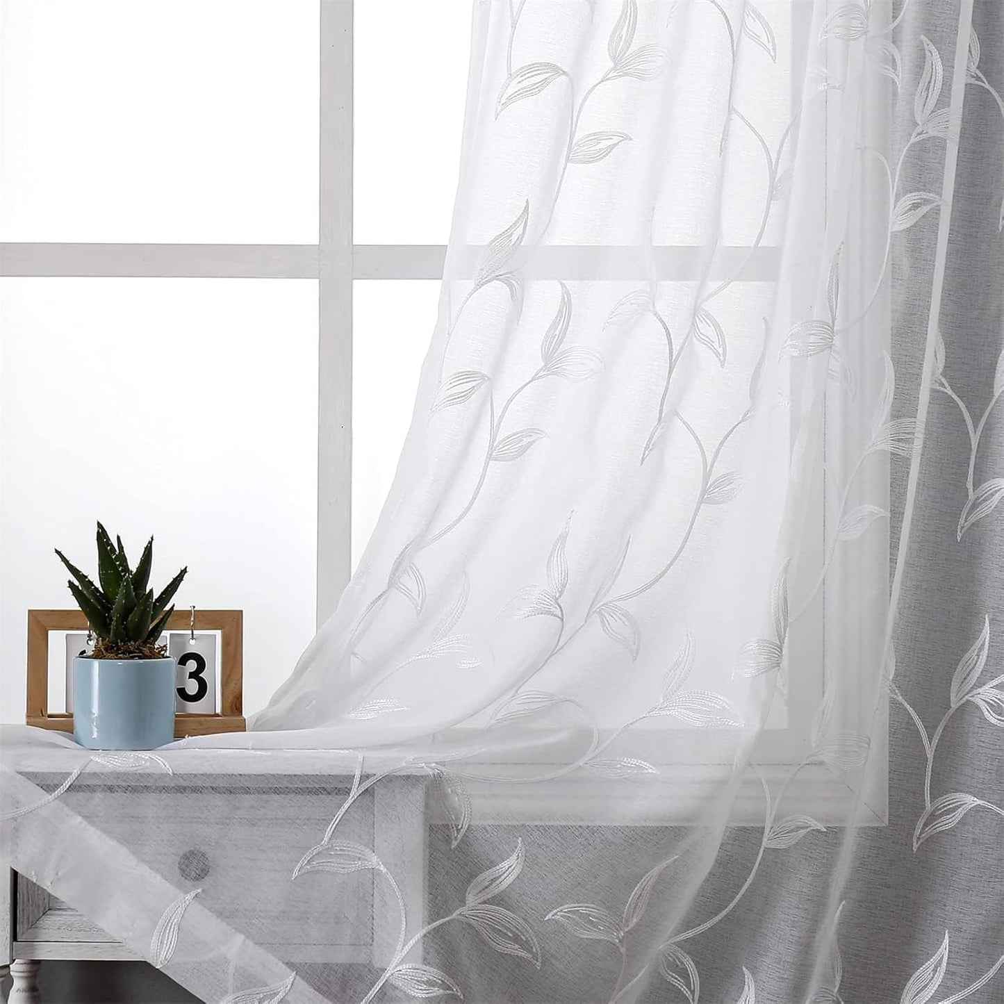 VISIONTEX Sheer Curtains 120 inch Length 2 Panels Set, White Voile Crushed Vine Leaves Embroidery, Rod Pocket Embroidered Window Drapes for Living Room and Bedroom, 54" x 120"