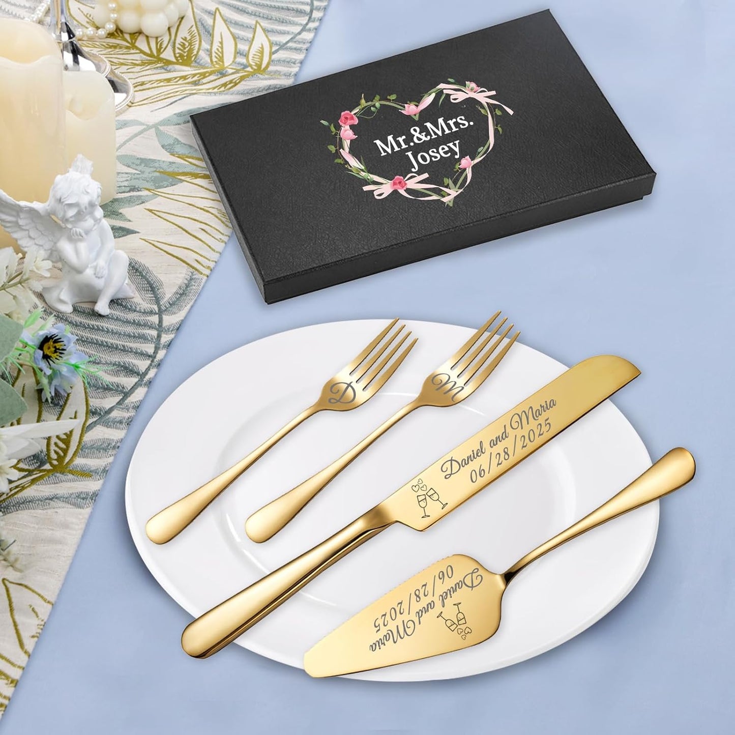 Personalized Wedding Cake Knife and Server Set, Custom Names Cake Cutting Set with Stainless Steel Forks, Customized Bridal Anniversary Birthday Wedding Registry Gifts for Couple (Gold)