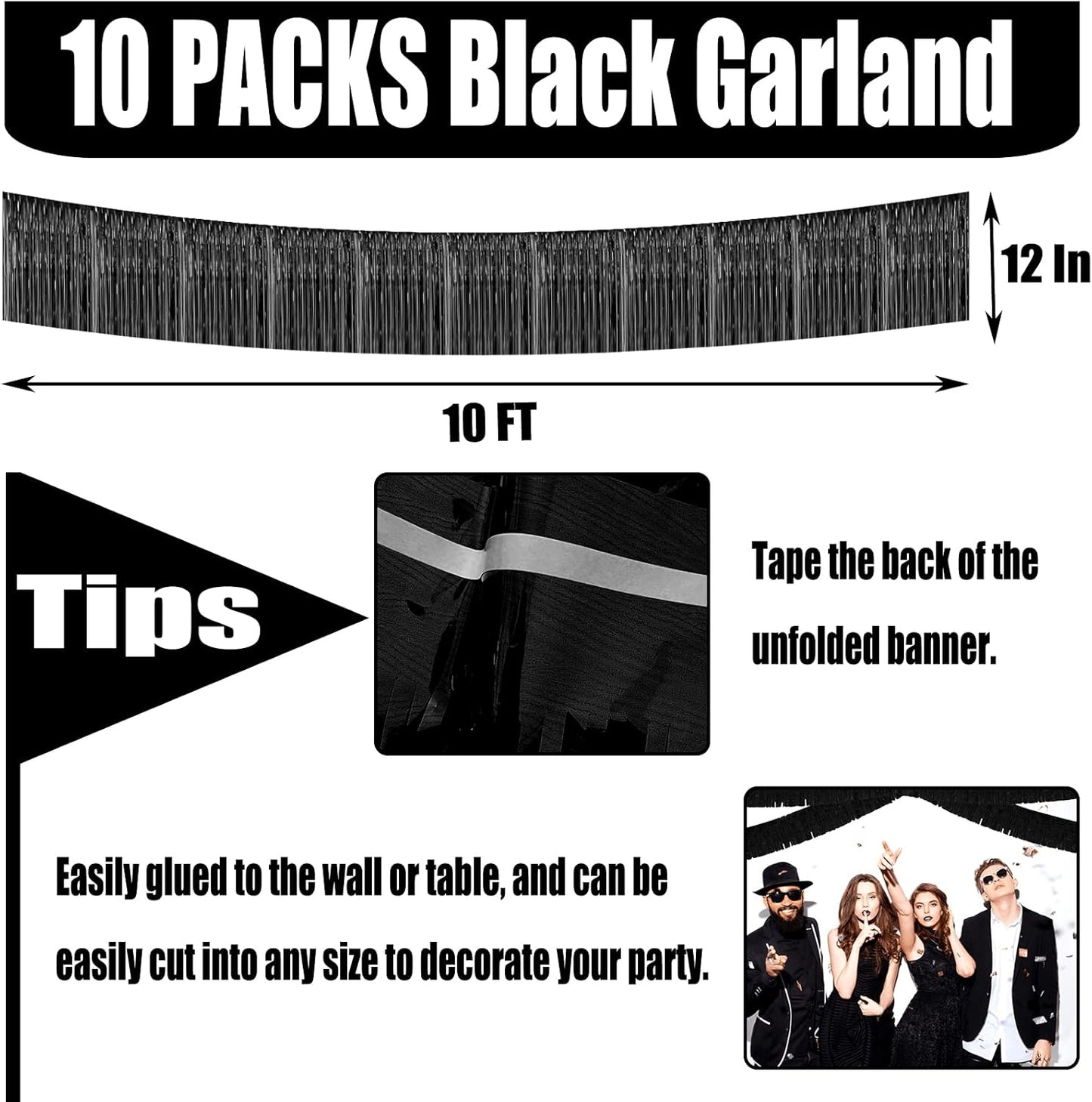 10 Pack 10 Feet Foil Fringe Garland Metallic Tinsel Streamers Banner Wall Hanging Curtain Backdrop for Parade Floats, Bachelorette, Wedding, Birthday, Halloween, Christmas Party Decorations(Black)