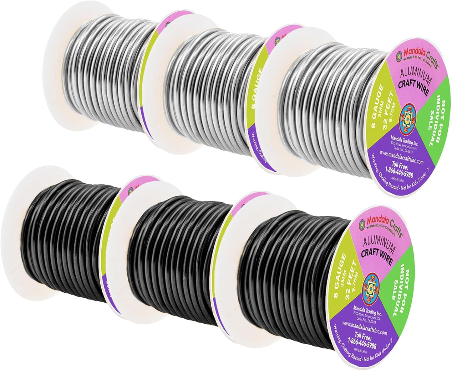Mandala Crafts 8 Gauge Anodized Aluminum Craft Wire for Jewelry Making - 120 FT Colored Flexible Silver Black Wire - Bendable for Bonsai Armature Crafting Sculpting