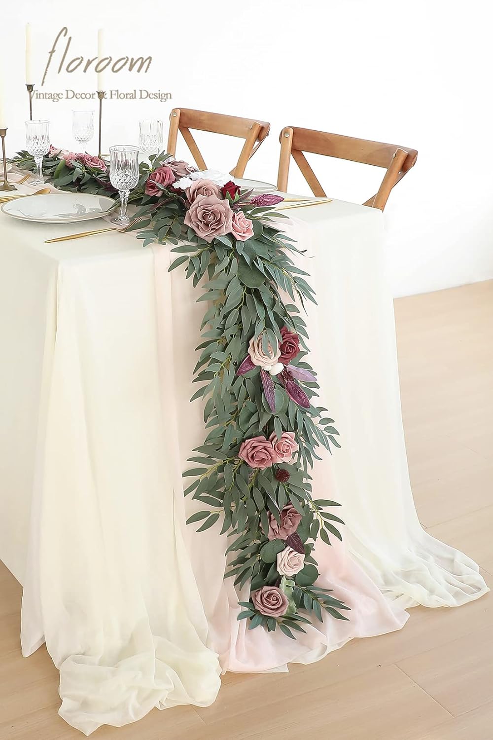 Floroom 6ft Artificial Eucalyptus Garland with Flowers Fake Greenery Faux Floral Vine Garland for Table Decor Wedding Centerpieces Bridal Shower Party Decorations, Dusty Rose & Mauve