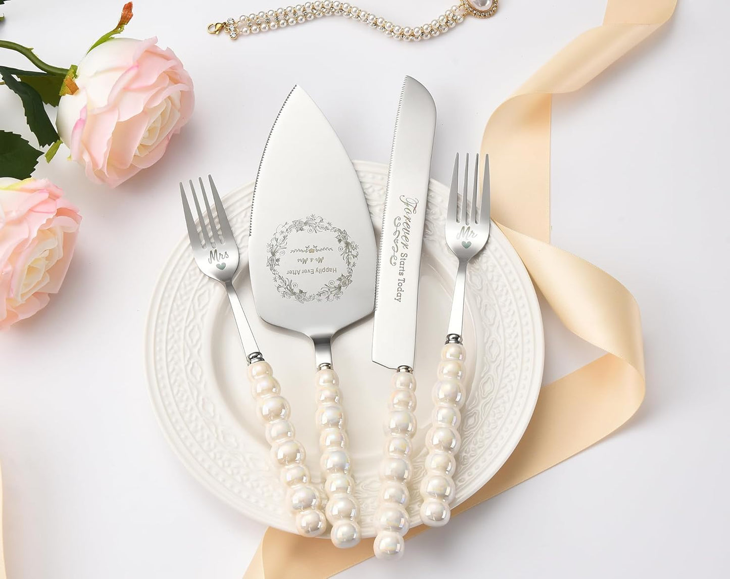 Wedding Cake Knife and Server Set,Ceramic Pearl Handle Cake Cutting Set for Weddings, Engagements, Anniversaries, and Engagement Gifts for Couples