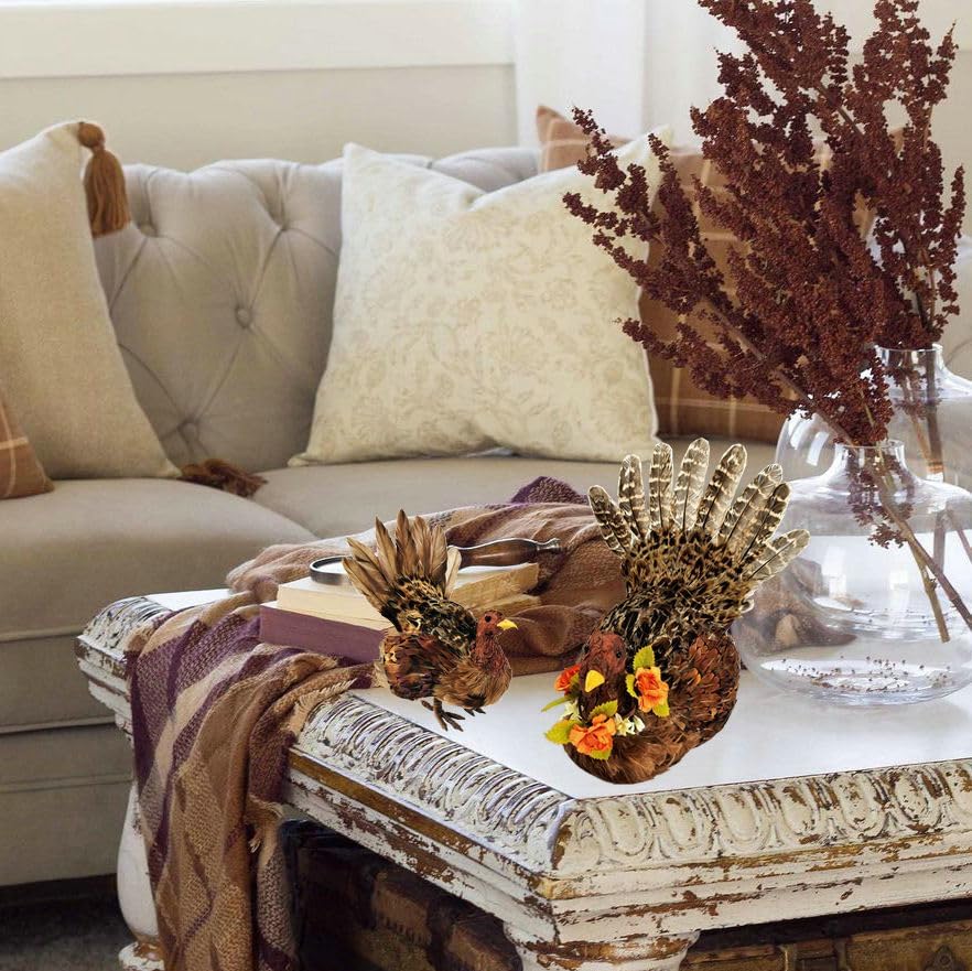 naturevibe 10/6.5 Inches Feathered Turkey Decorations Set of 2,Realistic Mom n Baby Turkey Figurines with Real Feathers for Thanksgiving Decorations,Decorative Farm Animals as Fall Decor for Home