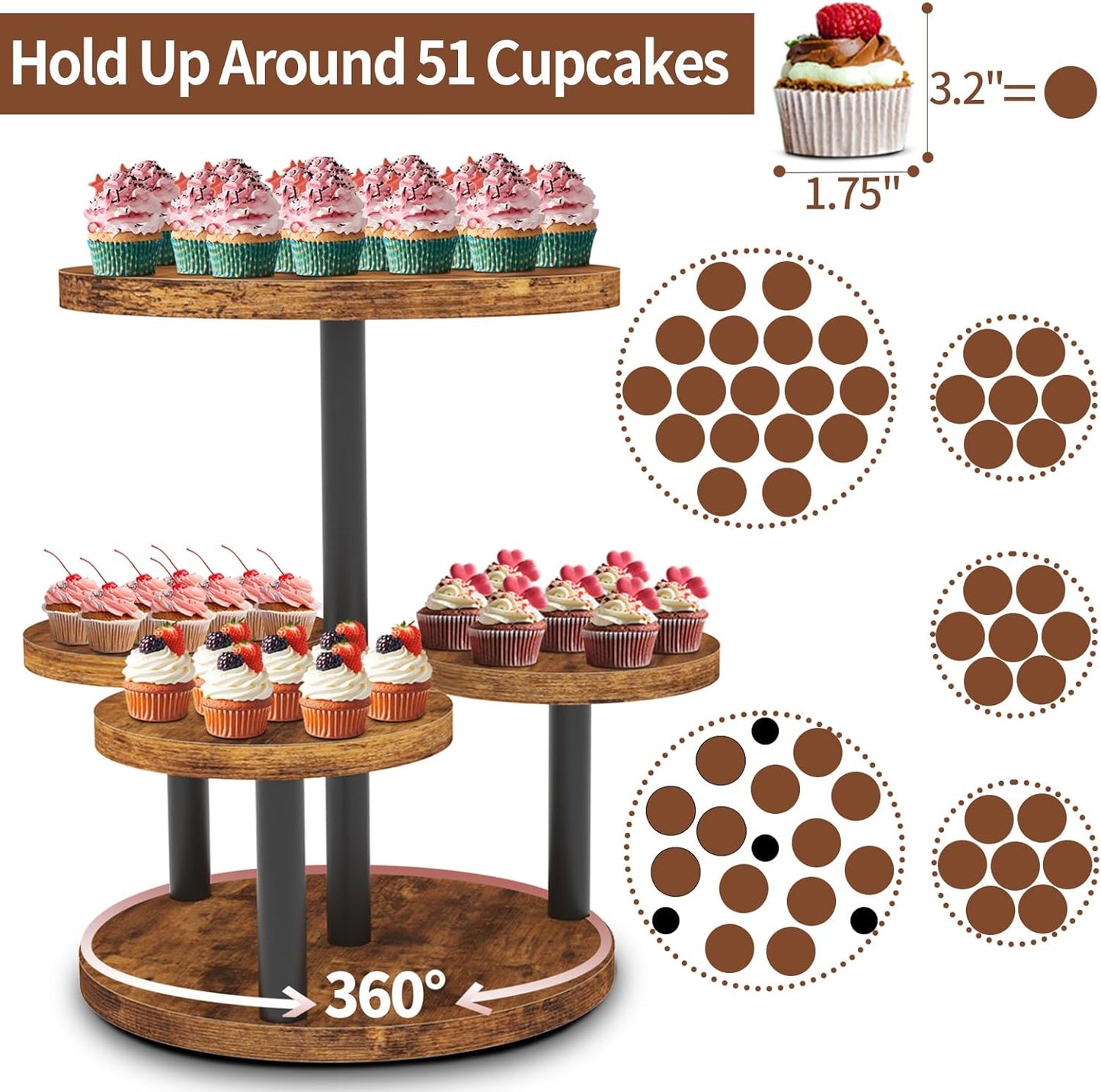 Cupcake Stand, 2 Pack Rotatable Cupcake Stand for 50 Cupcakes, Wood Cake Stand Cupcake Tower, Rustic Dessert Table Display Set Tiered Tray Stand, Round Serving Tray for Party Wedding Birthday