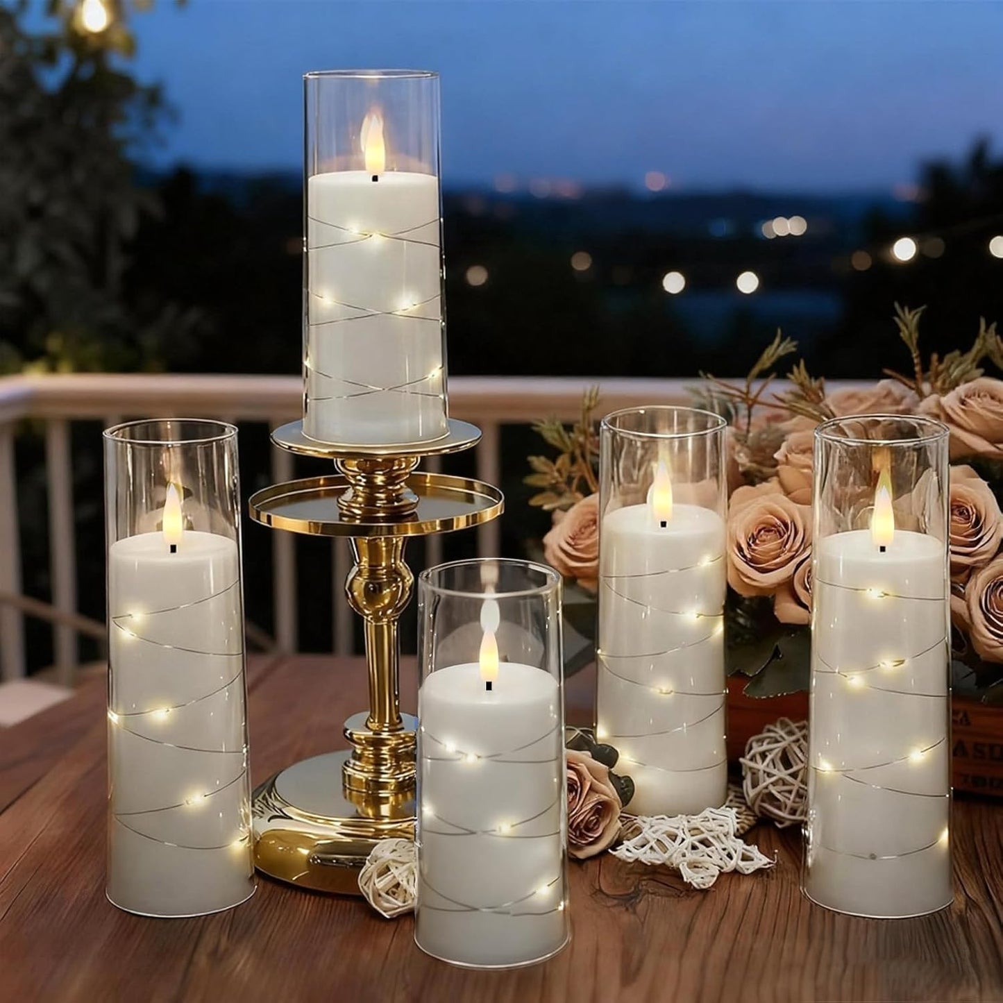 Raycare Flameless Candle with Remote Timer – 5 Flickering Acrylic Battery Operated LED Pillar Candles with Embedded Star String for Halloween, Home Decor, and as a Gift(White)