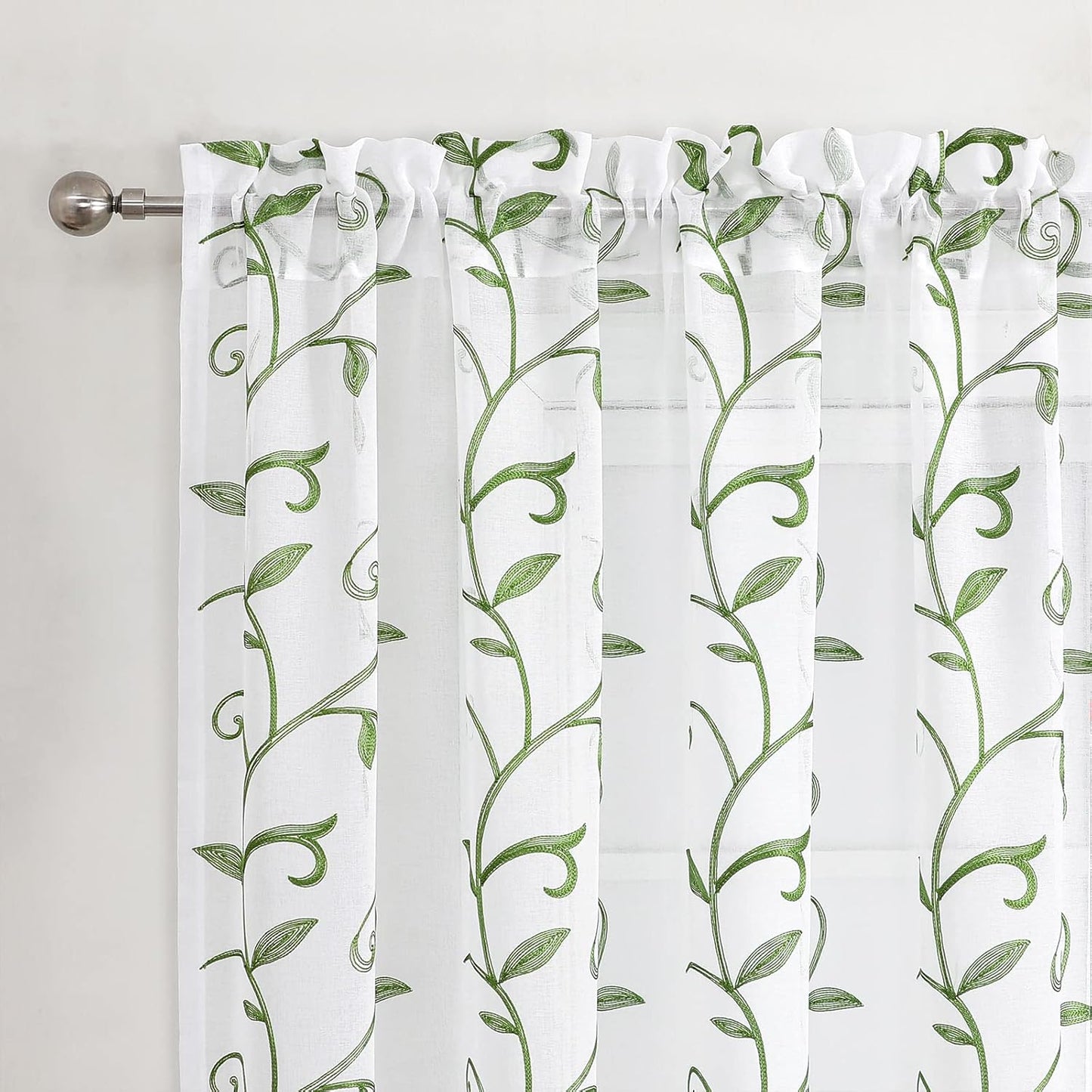 VISIONTEX Embroidered Green Sheer Voile Curtains, Leaves Embroidery Faux Linen Rod Pocket Window Drapes for Living Room and Girls Bedroom 54 x 63 Inch, Set of 2 Curtain Panels