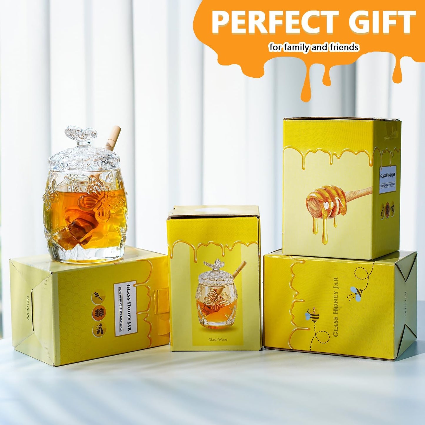 kanpura Clear Crystal Honey Jar with Dipper and Lid, Honey Bee Pot, 4.5oz Glass Honey Pot for Home Kitchen