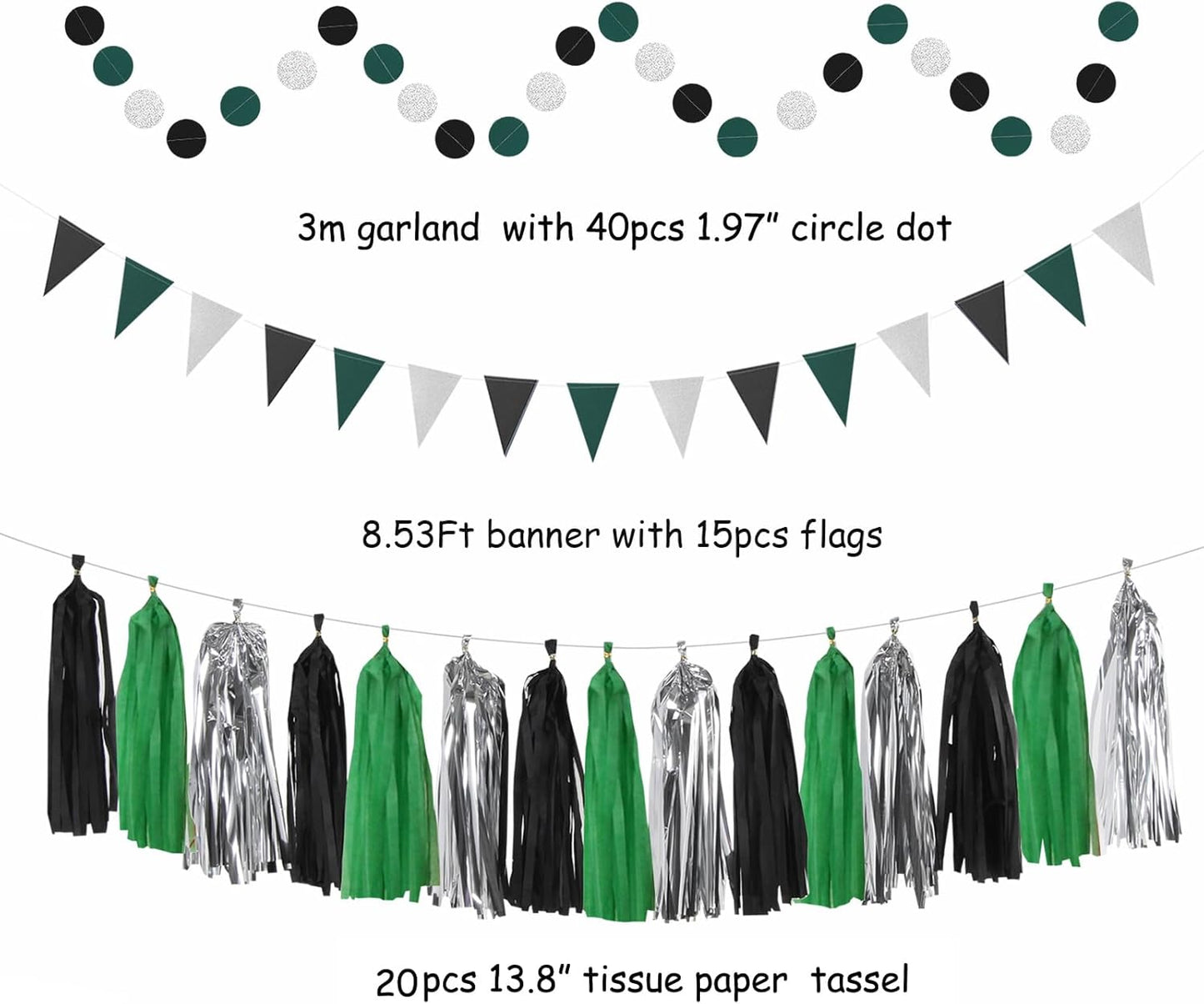 Black Green Silver Football Party-Decorations - 33pcs Banner,Soccer Graduation Streamers Tassel Garland,Tissue Pom Poms Honeycomb,Paper Lantern Fans,Men Boys Birthday Spring Summer Jungle Decor Hugtmr