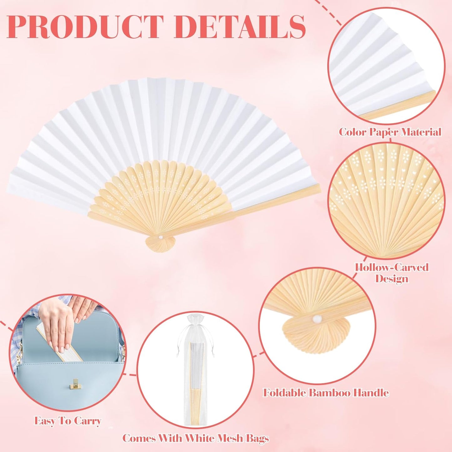 24 Pieces Hand Held Bamboo Folding Fans Paper Fans Handheld for Women Foldable Girls Wedding Decoration Church Home Party Favors Summer (Multicolor)