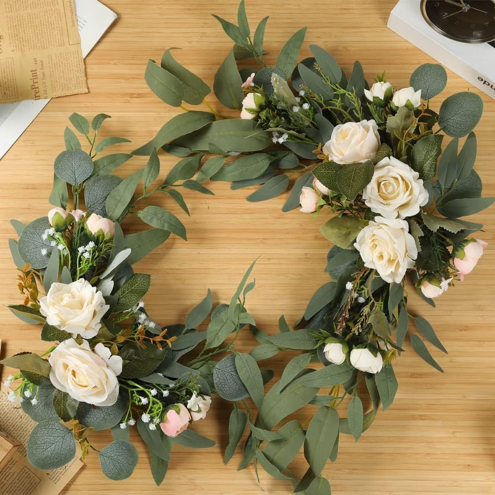 H&W 2pcs Artificial Wedding Arch Flowers for Sign, Floral Swag Dusty Decor for Reception Ceremony Backdrop Sweetheart Table(White Rose)