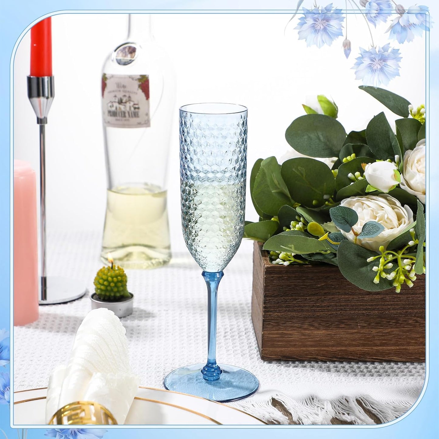 Remerry 24 Pack Detachable Plastic Champagne Flutes 5.5 oz Champagne Glasses Bulk Disposable Mimosa Glasses Reusable Wine Cups for Wedding Toasting Baby Shower Birthday Party New Years (Blue)