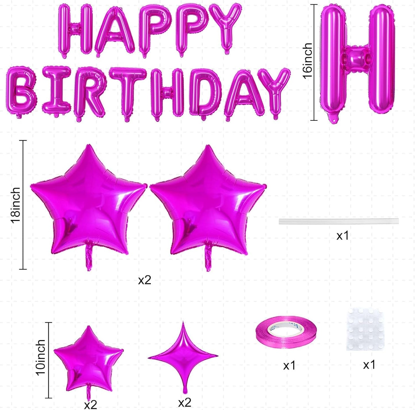 Happy Birthday Balloon Banner Hot Pink, 16 Inch Mylar Foil Letter Balloons, Reusable Birthday Decorations with Rose Red Hot Pink Star Foil Balloons, Inflatable Party Supplies for Women Girls Decor