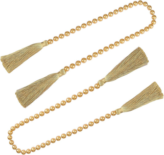 Fenghuangwu 34 Inch Pearl Glass Bead Garland with Tassels - Elegant Boho Table Decor, Fringe Wall Hanging for Wedding, Party, Farmhouse Rustic Prayer Bead Home Decoration(2 Pack,Gold)