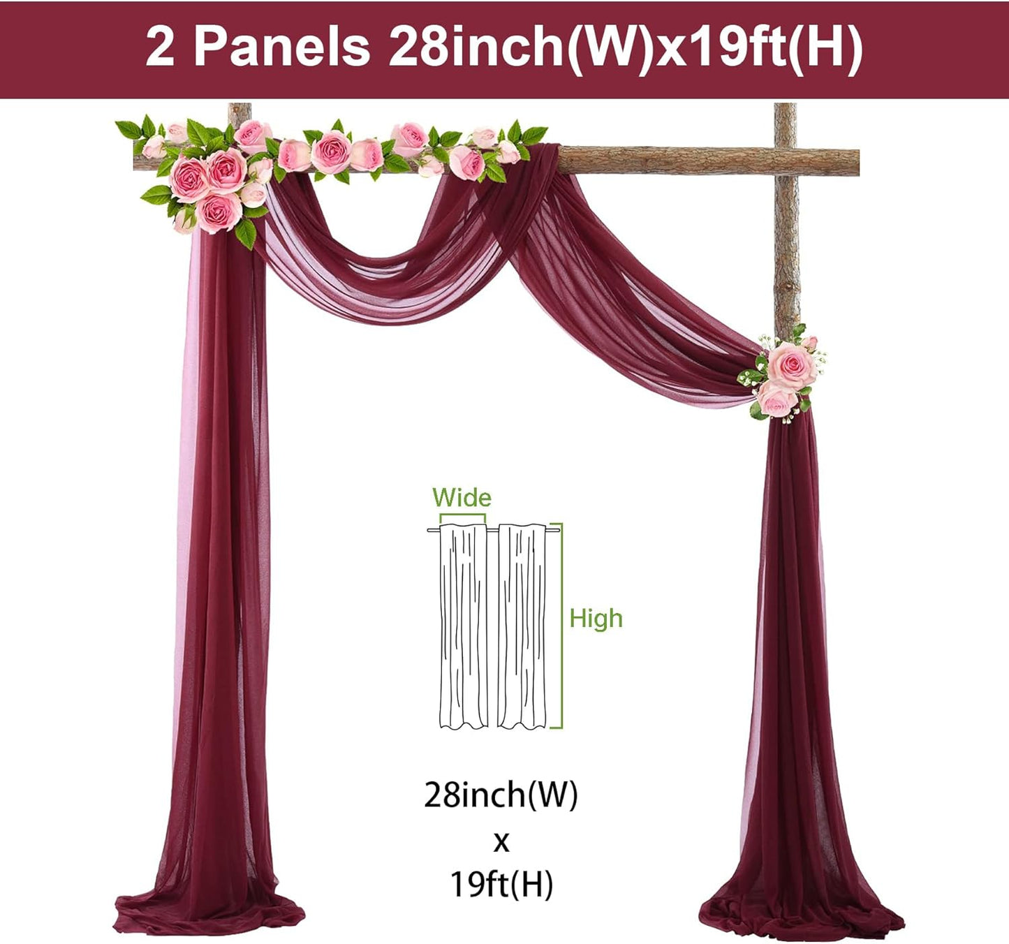 2 Panels Wedding Arch Draping Fabric Burgundy Sheer Backdrop Curtain Arch Drape for Wedding Ceremony Reception,Bridal Shower Party Decorations 28" X 19ft