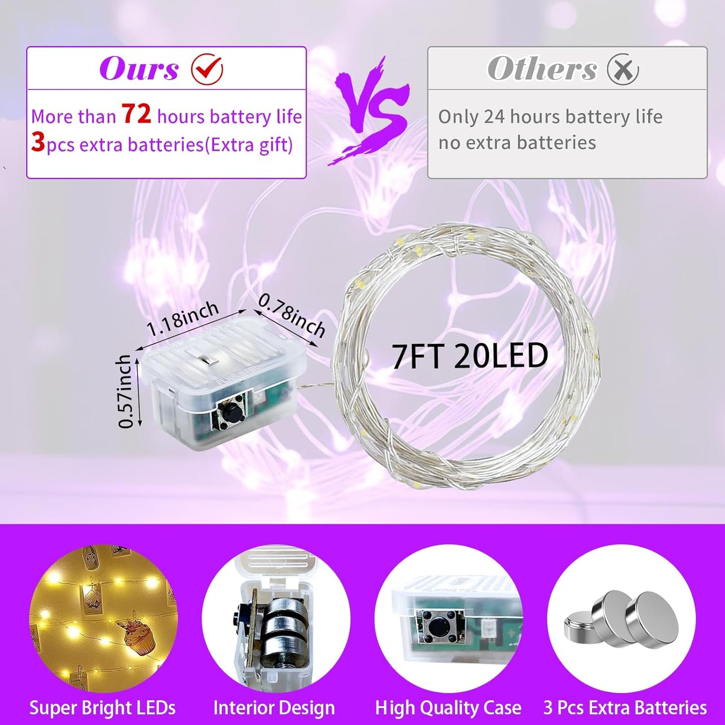 12 Pack Purple Fairy Lights 7Ft 20 LED Twinkle String Lights 3 Modes Battery Operated Waterproof Firefly Starry for Mason Jar Party Wedding Christmas Valentines Day Table Centerpieces