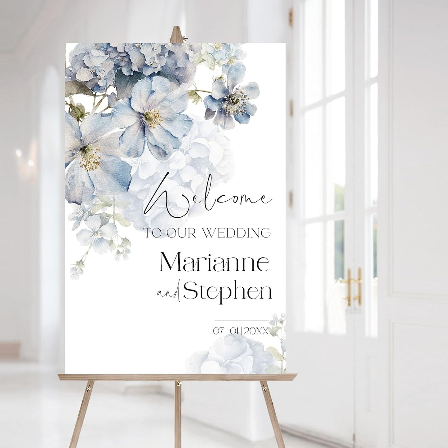Welcome Wedding Sign Personalized, Soft Blue Flower Wedding Sign Decorations Signage 12" X 18" (Small), 27" (Medium), 36" (Large), Plastic, Modern, Pole Mount, Weather