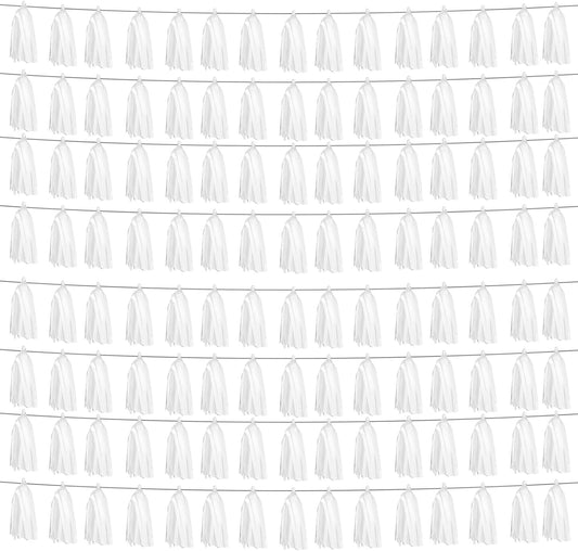 8P White Foil Fringe Metallic Tassel Streamers Banner Tassel Garland for Parade Floats, Graduation, Wedding, Birthday, Halloween, Christmas, Bridal/Baby Shower Party Decorations