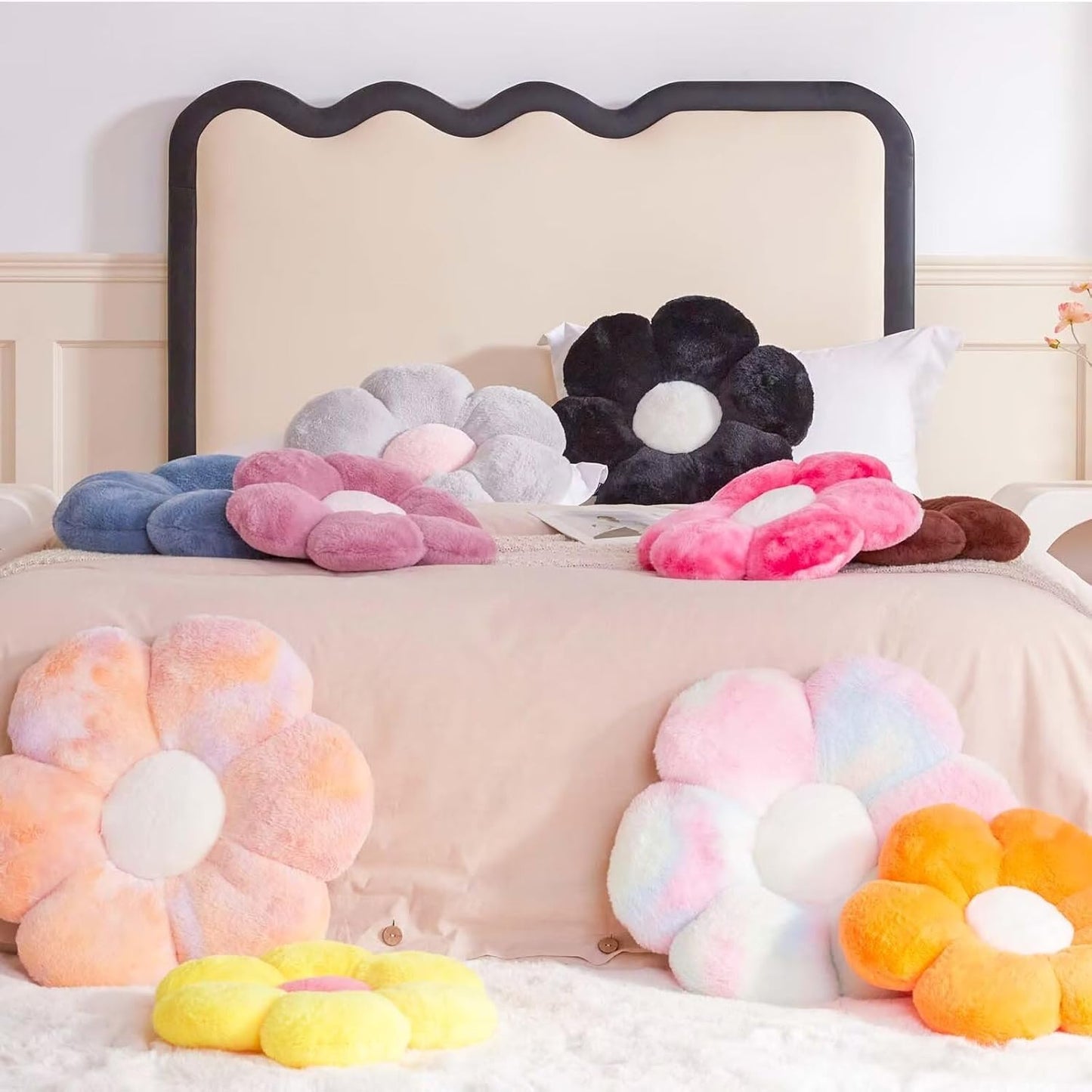 Brown Flower Plus Plush Throw Pillow with Faux Rabbit Fur, 19.6" Soft Decorative Flower-Shaped Floor Pillow for Bedroom Living Room