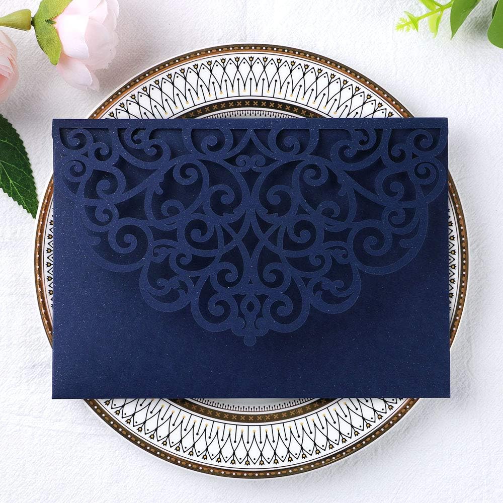 PONATIA 5.12 x 7.2 Laser Cut Invitation Pocket, 20PCS Tri-Fold 5 x 7 Laser Cut Wedding Invitation Pockets with Envelopes for Wedding Bbay Shower Birthday Sweet 16 Invite (Navy Blue, No Inner Sheet)