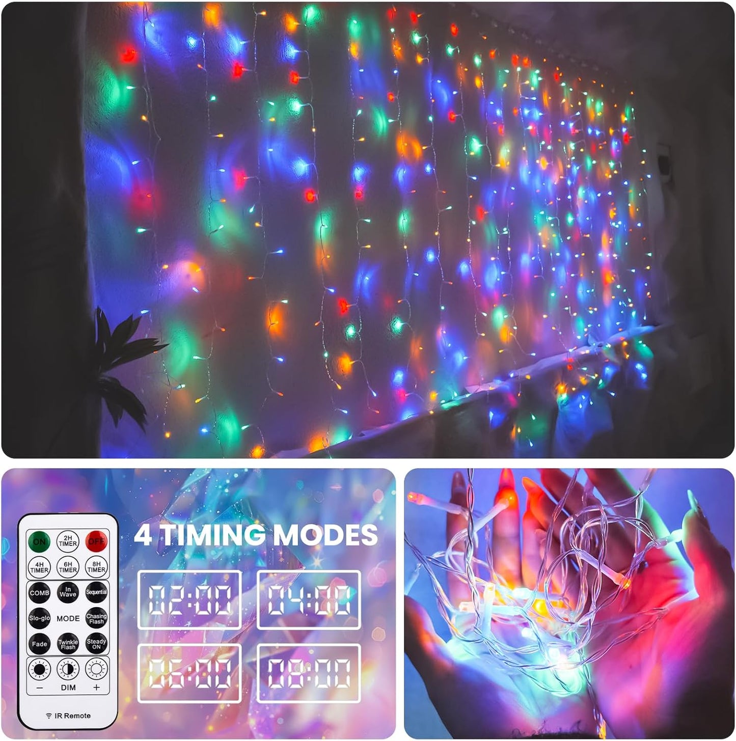 Curtain Light for Bedroom, 200LED 6.6x6.6ft Multicolor Window Wall Hanging Fairy Curtain String Light, 8 Modes Remote Fairy String Lights Indoor for Wedding Party Home Garden Decorations
