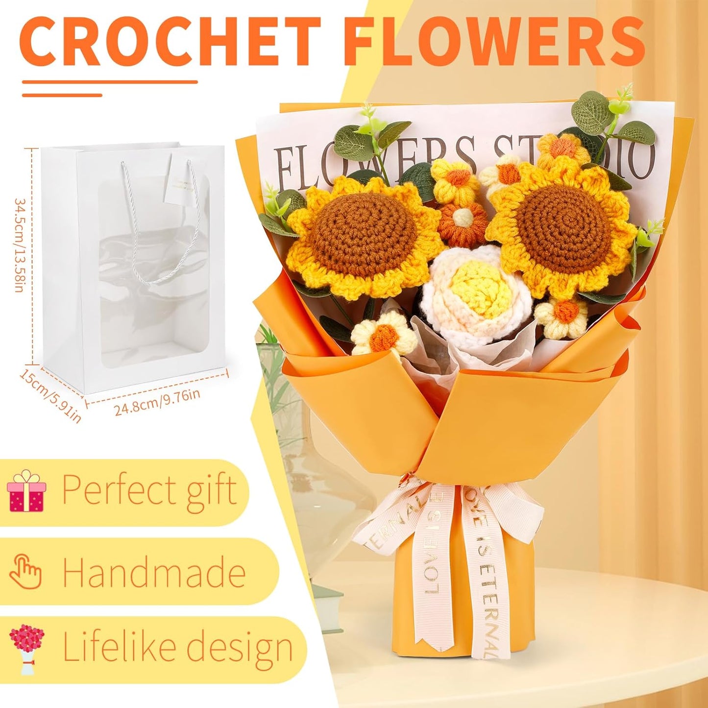 Crochet Flower Bouquet Crochet Flowers, Crochet Flower Bouquet Sunflower, Handmade Crochet Bouquet for Graduation Birthday Wedding Anniversary