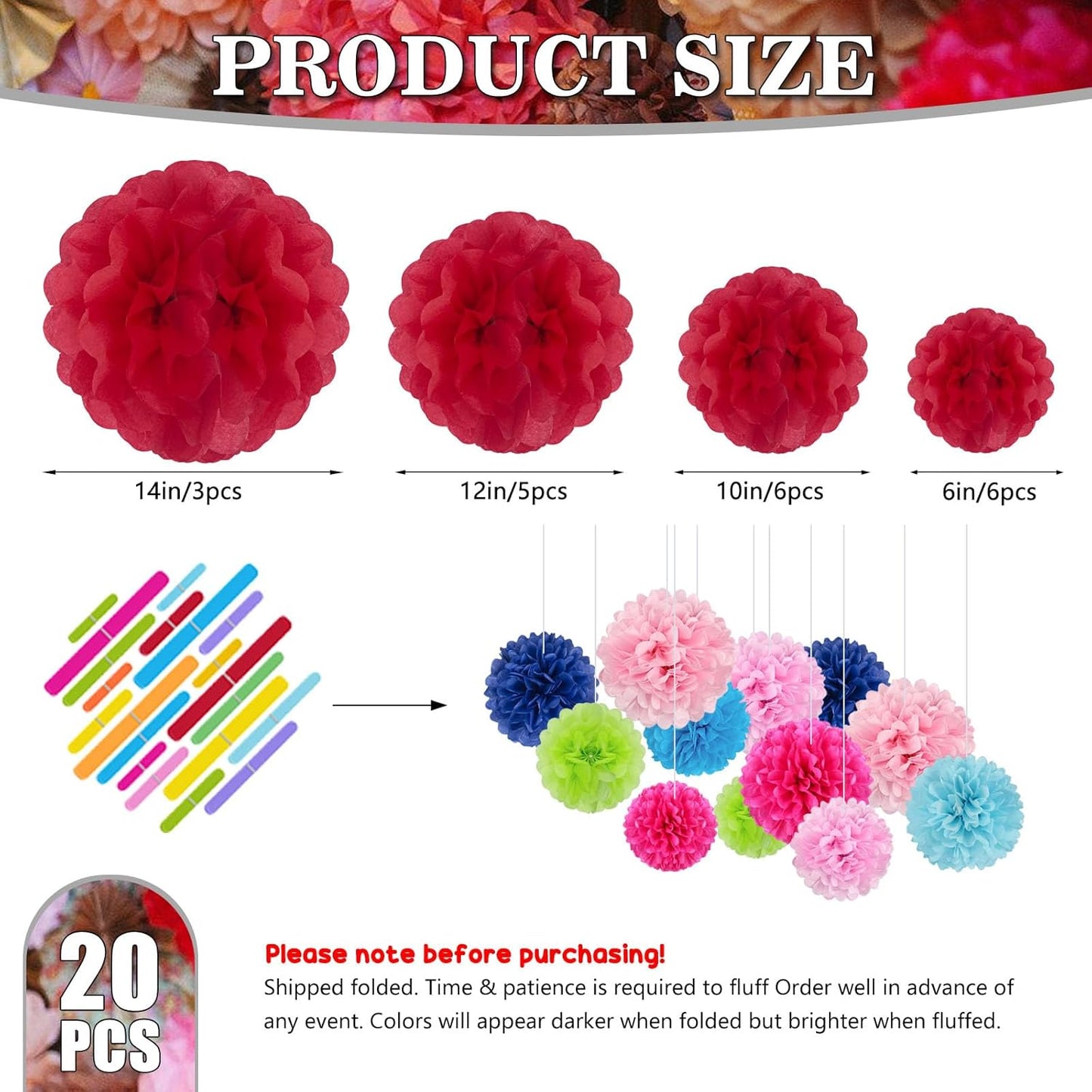 Tissue Paper Pom Poms, Red Tissue Paper Flowers, Hanging Flower Balls for Weddings Fiesta Parties Birthday Baby Showers Classroom Bridal Shower Decoration (20Piece Set-6/10/12/14Inch)