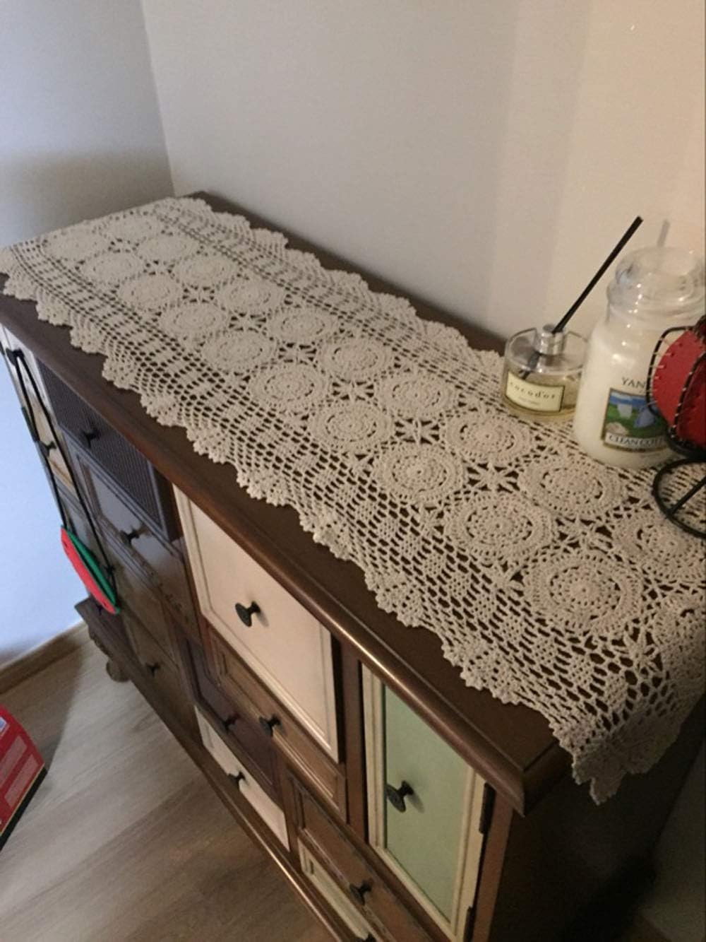 Cotton Handmade Crochet lace Table Runners Oval Tablecloth Doilies Doily Table Dresser Scarf Décor,15x35 inch,Beige