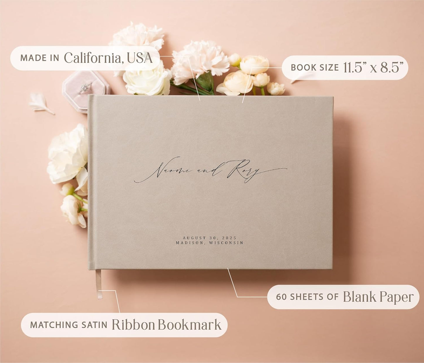 MUUJEE Personalized Guestbook in Taupe - Premium Custom Modern Guest Book for Wedding Reception, Birthday Party or Events w/Bookmark Blank Pages for Signing 11.5 x 8.5 inches