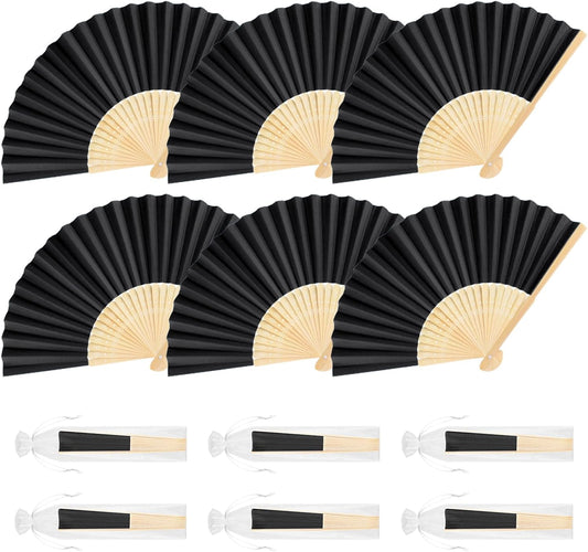 6 Pieces Black Hand Held Bamboo Folding Fans Foldable Paper Fans Handheld for Women Girls Wedding DIY Decoration Church Home Party Favors Summer