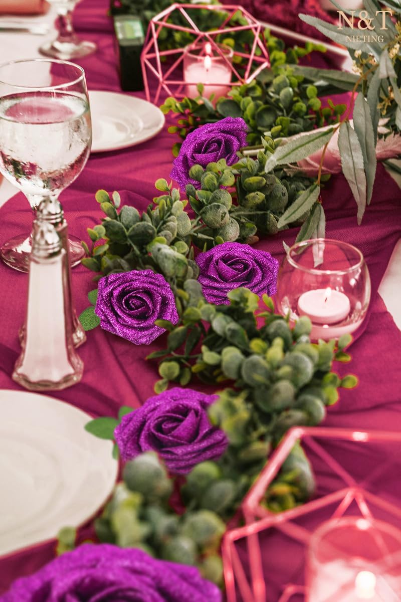 N&T NIETING Artificial Flowers Glowing Purple Flowers Foam 50pcs Glitter Roses Real Looking Fake Roses with Stem for DIY Wedding Bouquets Centerpieces Bridal Shower Party Home Decorations