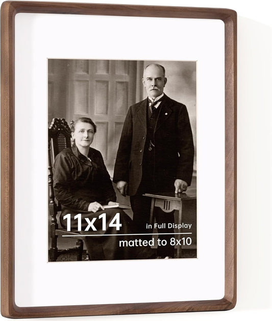11x14 Wooden Picture Frames USA-Sourced Natural Walnut Solid Wood Photo Frame Handcrafted Rounded Corner with Mat to 8x10 Picture Frame Vintage Display with Real Glass Family Picture