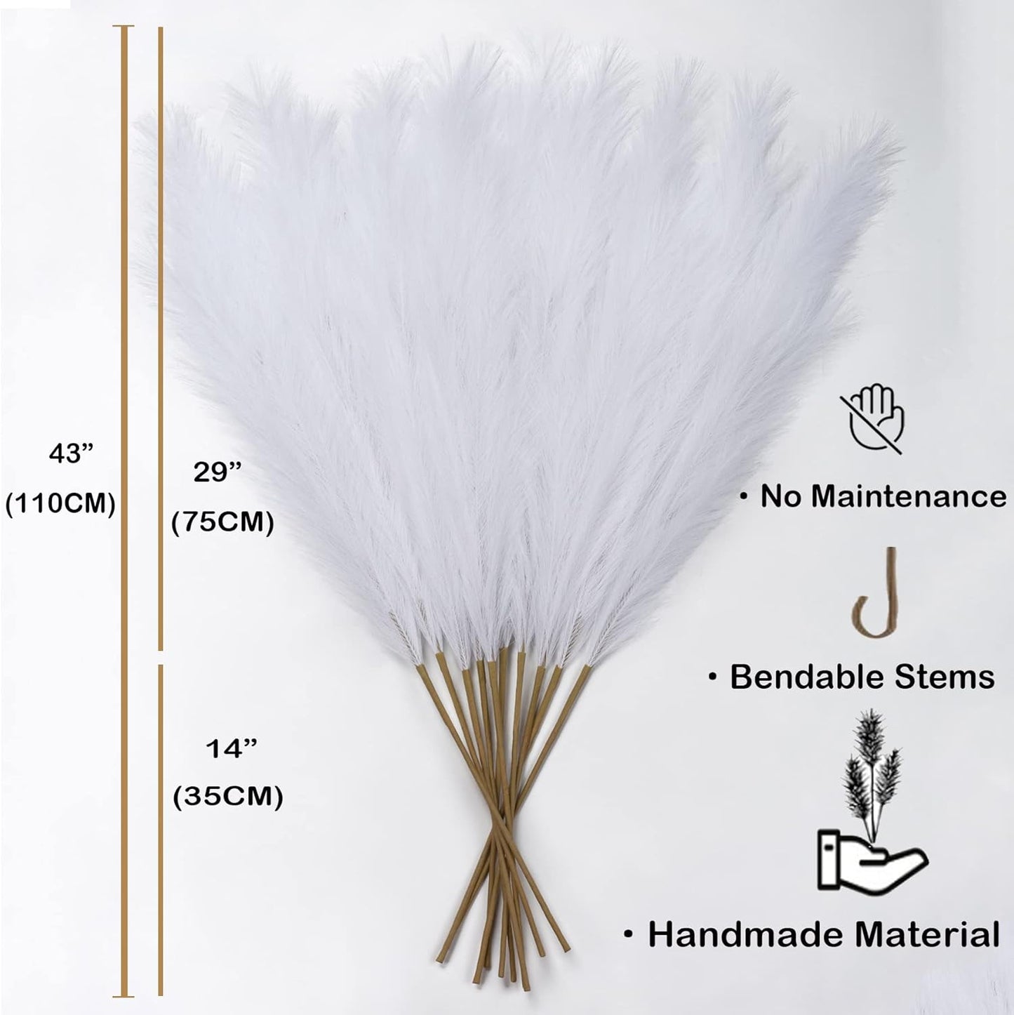 EVODIS Pampas Grass Decor Tall, 43"/110cm Faux Pampas Grass 6 Stems Large Pompass Grass Branches Tall Bulk Boho Flower Arrangement for Home Room Wedding Party Decor (White)