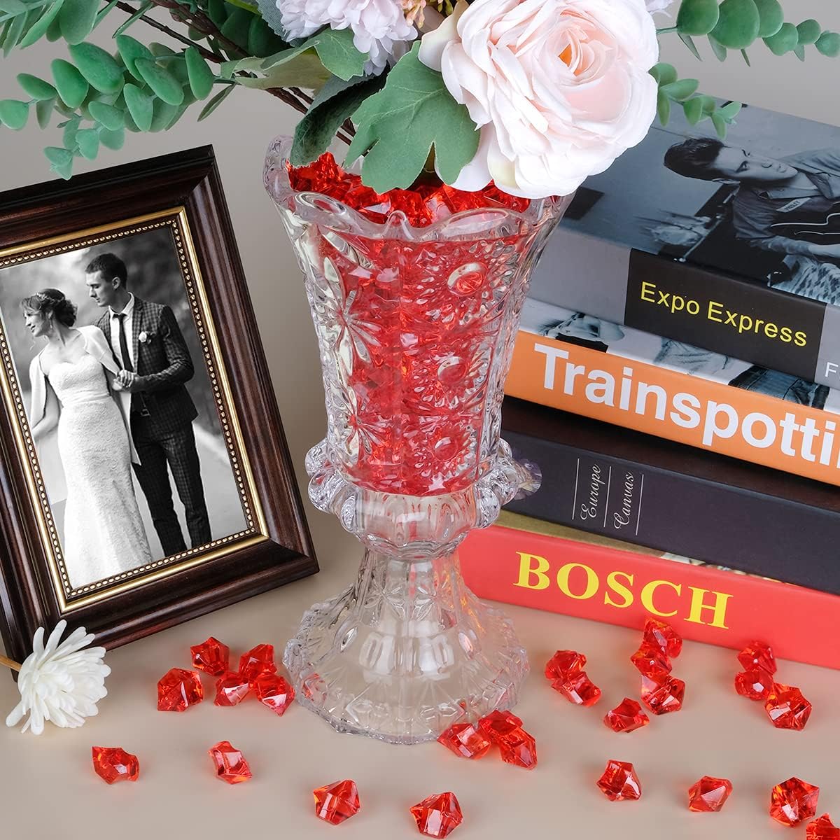 Acrylic Crushed Ice Rocks, Babenest 150 PCS Fake Crystals Plastic Ice Cubes Diamonds Gems for Vase Fillers, Home Decoration, Table Scatter, Event, Wedding, Arts & Crafts (Red)