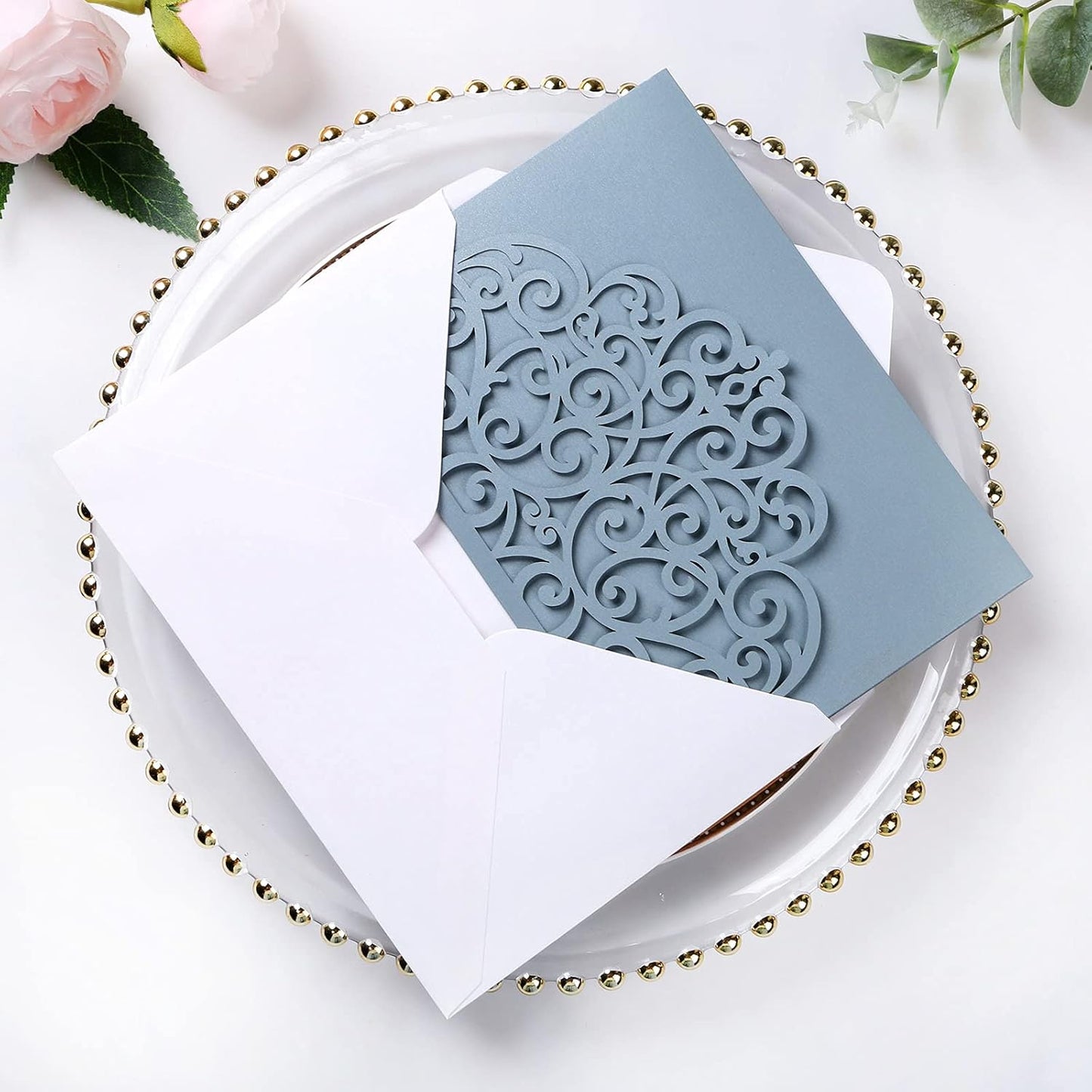 PONATIA 5.12 x 7.2 Dusty Blue Laser Cut Invitation Pocket, 20PCS Tri-Fold 5 x 7 Laser Cut Wedding Invitation Pockets with Envelopes for Wedding Bbay Shower Birthday Sweet 16 Invite (No Inner Sheet)