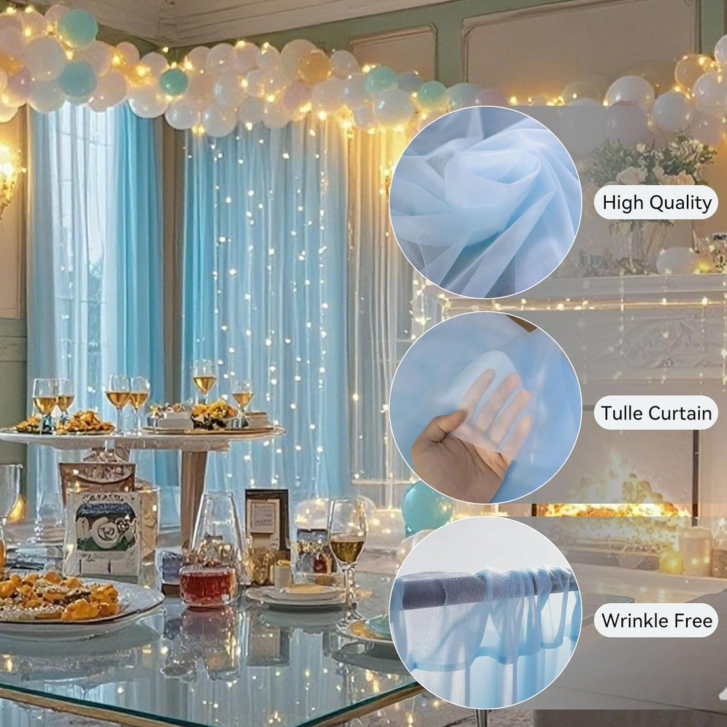 10×8ft Tulle Backdrop Curtains with Lights String - 300LED Fairy Lights Sheer Curtain Backdrop for Weddings Baby Shower and Birthday Party Decorations(4 Panels 5×8ft)