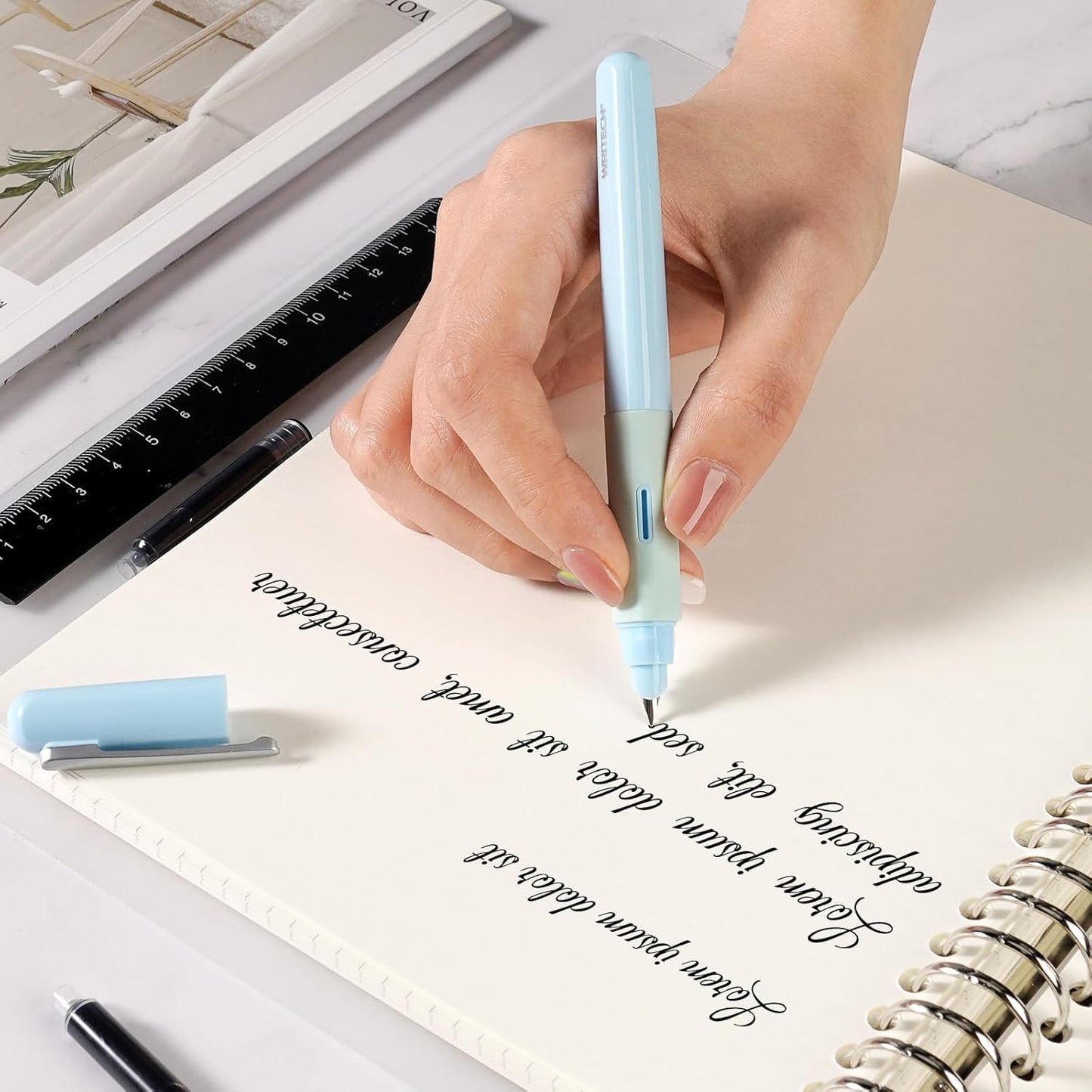 WRITECH Soft Grip Fountain Pen: Black Ink Fine Nib Pen with 1 Replacement Nib Set and 3 Ink Cartridges Smooth Writing for Calligraphy Journaling Gift (Blue)