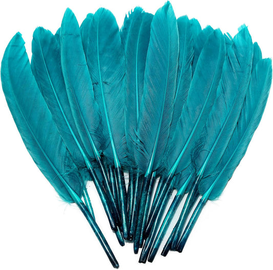 FeelfunFeather 120pcs Peacock Blue Goose Cochettes Feather Natural Bulk 4-6 inch 10-15cm for Wedding Party Christmas Decorations DIY Crafts Goose Cochettes Feather
