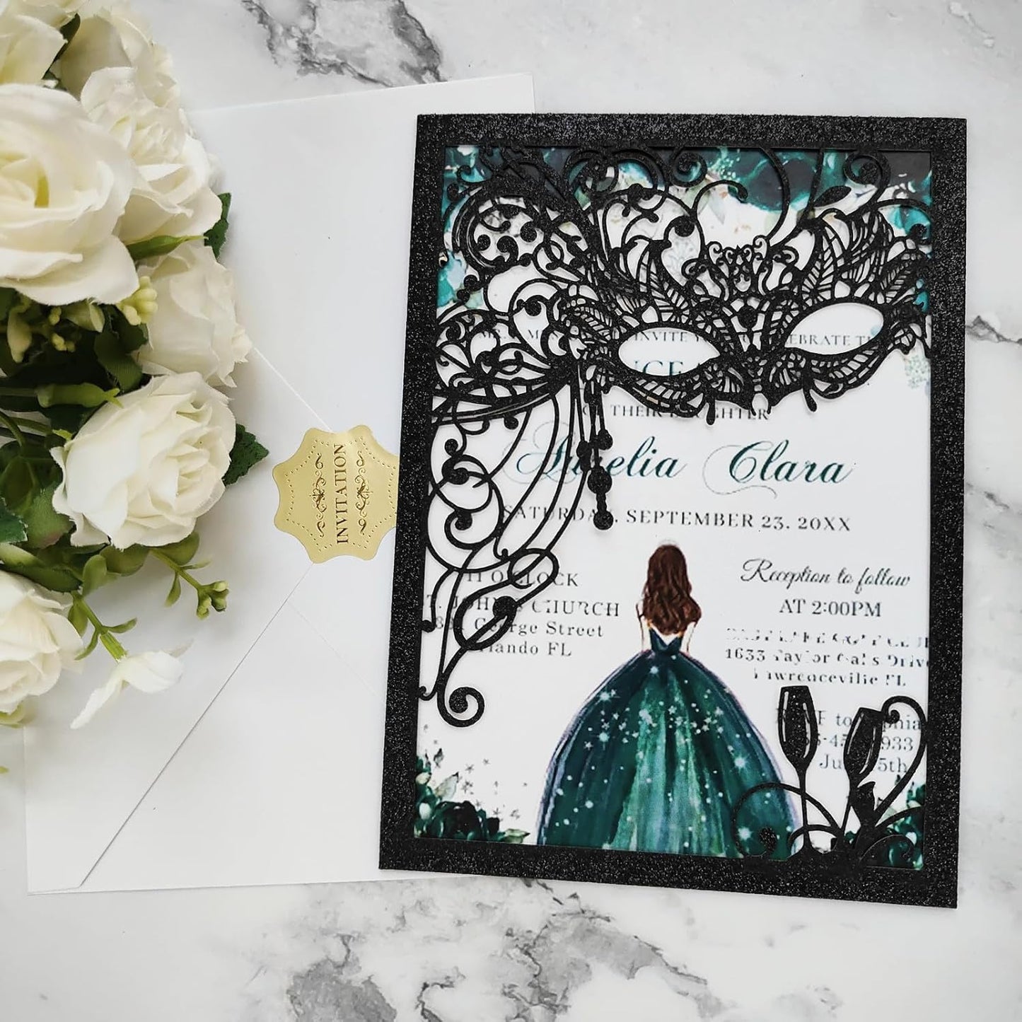 20PCS Masquerade Invitations, Quinceanera Invitations,masquerade wedding invitations,pocket invitation with envelops for xv,16 birthday,bridal shower,wedding,Anniversary,holiday party,etc.