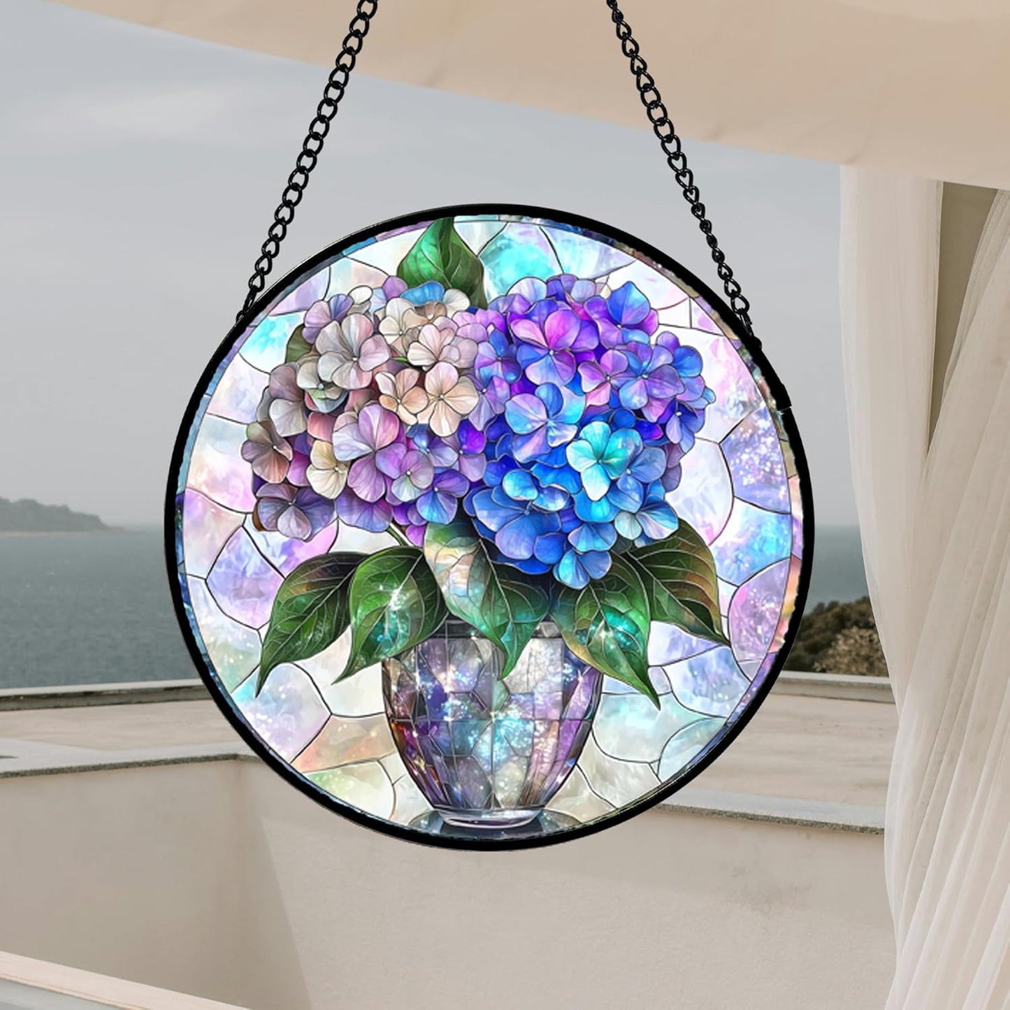 Stained Glass Window Hanging, Blue Purple Hydrangea Flowerpot Suncatcher for Doors Home Sun Catchers Decoration and Christmas, Mother's Day Birthday Gifts for Women, Men, and Mom 7.8 in