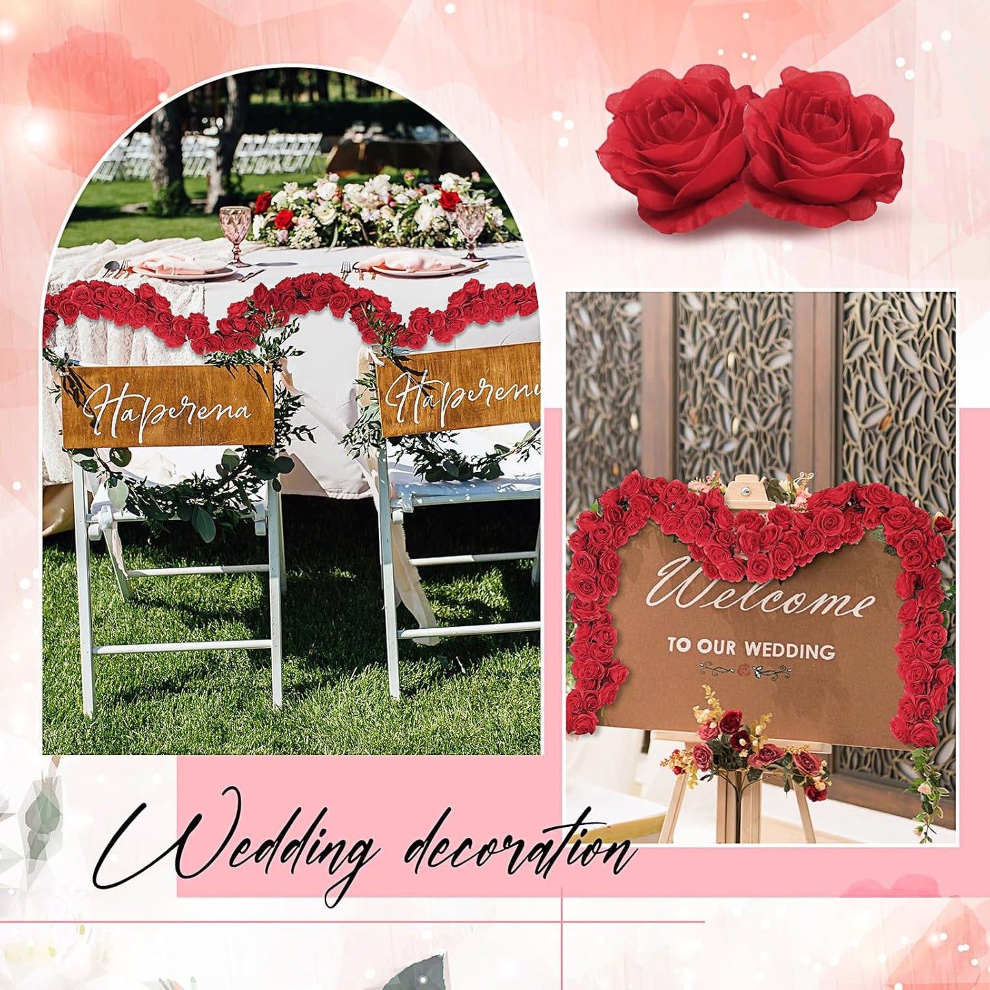 4 Pcs Red Artificial Rose Vine Hanging Faux Flowers Garland for Wedding Anniversary Birthday Party Background Arch Garden Home Wall Room Decor