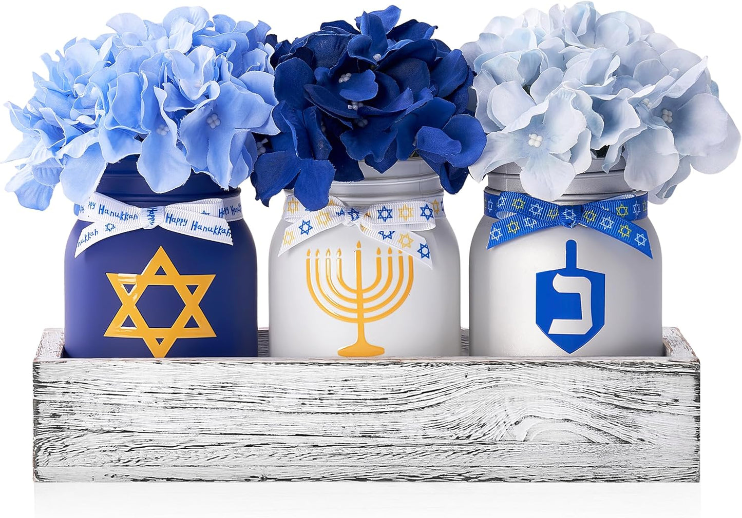 Hanukkah Decorations for Home, Chanukah Table Decor with Mason Jars, Hydrangea, Wood Tray, Hanukkah Gifts Table Centerpieces, 25 Pcs Chanukah Decorations Indoor for Living Room Bedroom