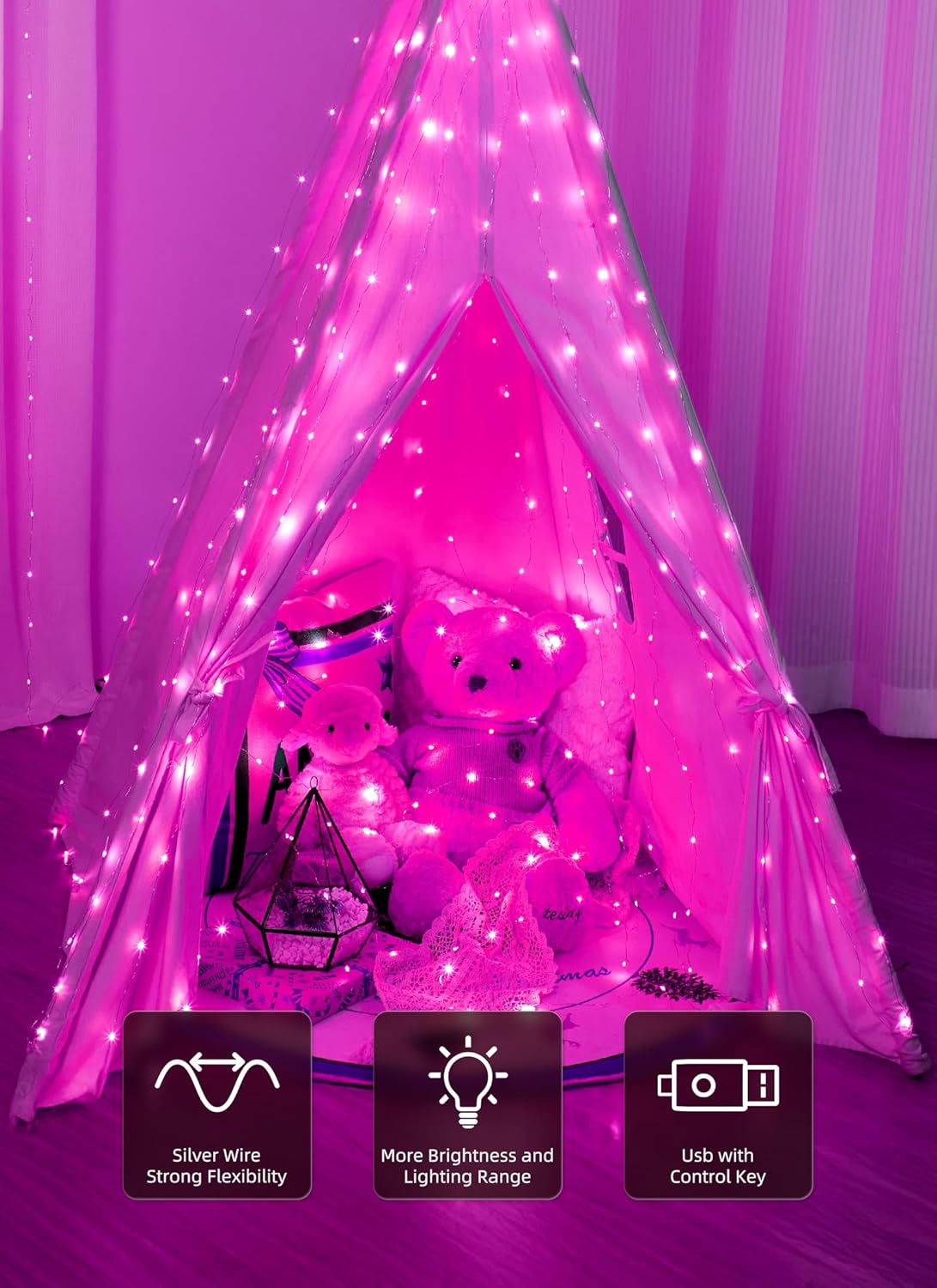 Brightown 300 LED Fairy Curtain Lights, 9.8ft x 9.8ft Curtain String Lights, USB Plug in 8 Lighting Modes LED Christmas String Hanging Lights with Remote for Bedroom Indoor Outdoor Weddings Party Xmas