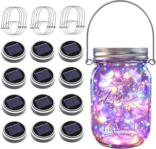 Solar Mason Jar Lights [Upgraded], 12 Pack 30 LED Firefly Fairy String Lights, Waterproof Outdoor Solar Mason Jar Lid Lights with Hangers(NO JARS) for Patio Garden Yard Wedding Decoration - Multicolor